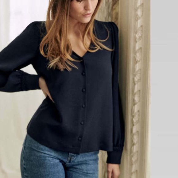 Sezane Ella V Neck Button Front Blouse Blue 8 or 40 - Picture 2 of 14